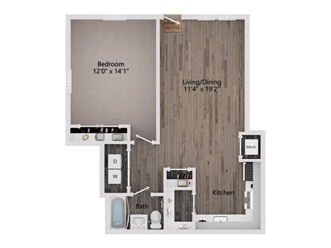 Floor plan for 1 bed, 1 bath, 795 sqft
